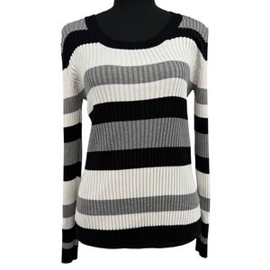 Striped Long‎ Sleeve Ribbed Knit Scoop Neck L Form Fitting Sweater Preppy Y2K